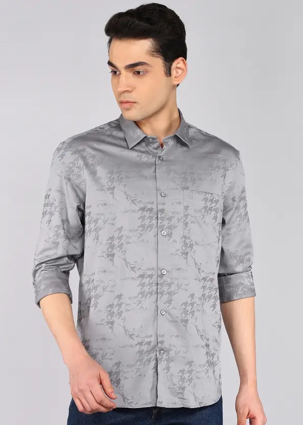 Indian Terrain Men's Regular Fit Full Sleeve Self Design Grey Shirt